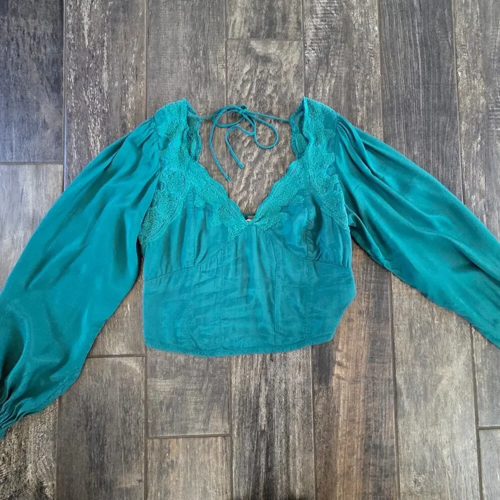#498 Free People Teal Knit Top with Lace Detail